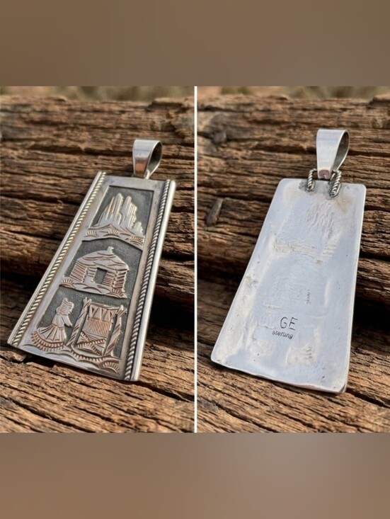 "GE" Geneva Etsitty Jewelry - 925 SS Vintage Navajo Geneva Etsitty Storyteller Scenic Hogan Pendant.